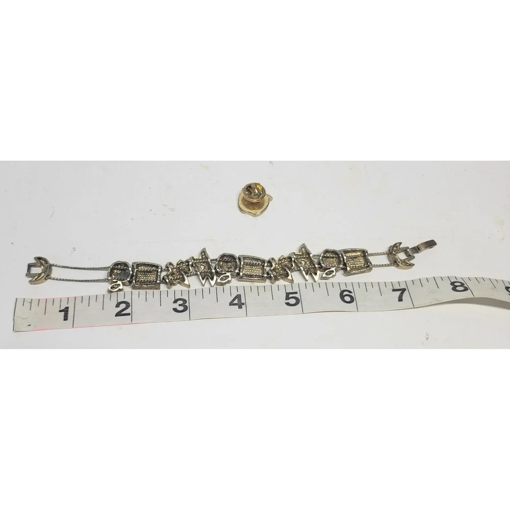 Vtg Teacher Themed Apple Math School Supplies Charm Bracelet & Pin Set Gold Tone